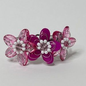 Pink Flower Bracelet Silver Tone Snap Cuff Wire Floral Cluster Barbiecore
